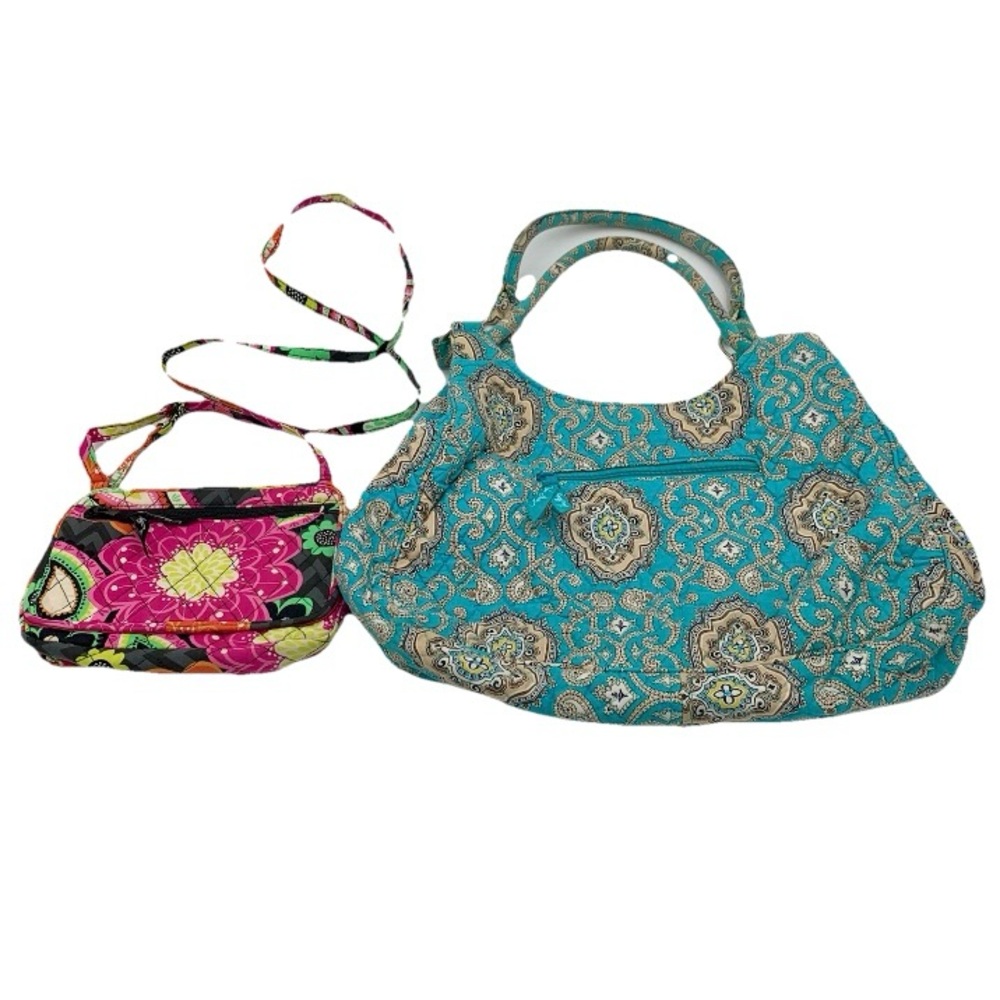 LOT OF 2 Vera Bradley Handbags Pink & Black Crossbody & Blue Shoulder Bag‎ Purse